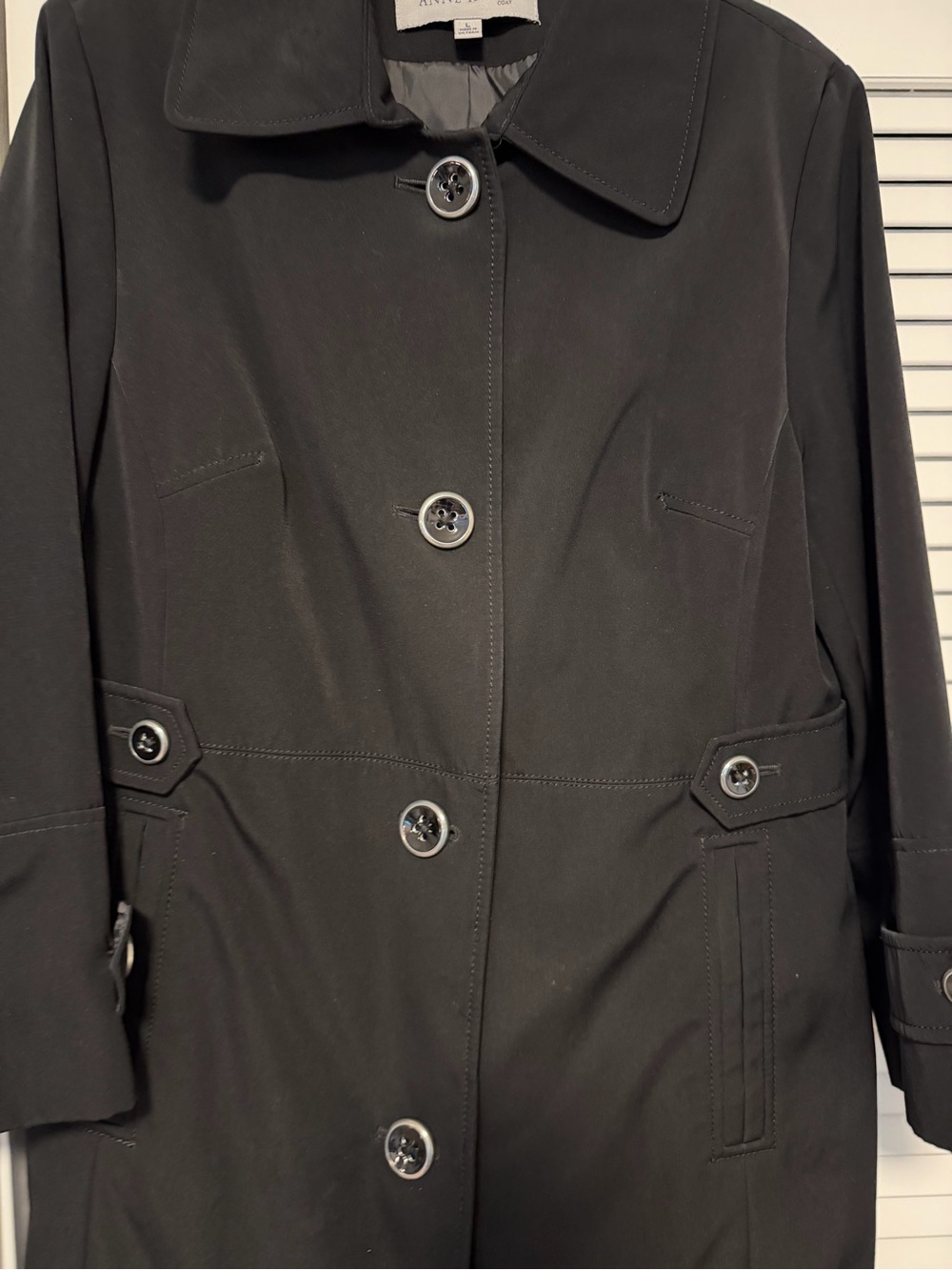 Anne Klein Black Trench Coat Womens Large Double Breasted Mid Length - Picture 2 of 8